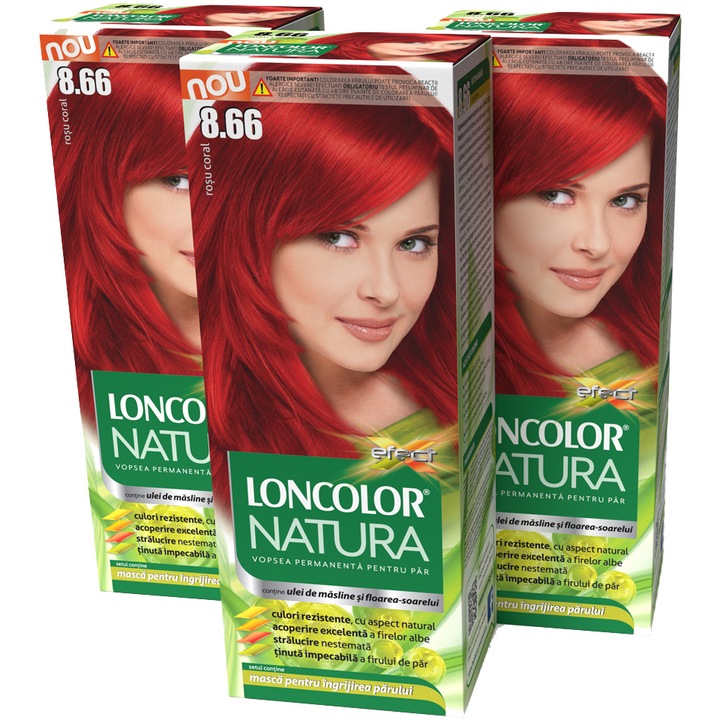 Pachet promo: Vopsea de par permanenta Loncolor Natura 8.66 - Rosu coral, 300 ml x 3 bucati