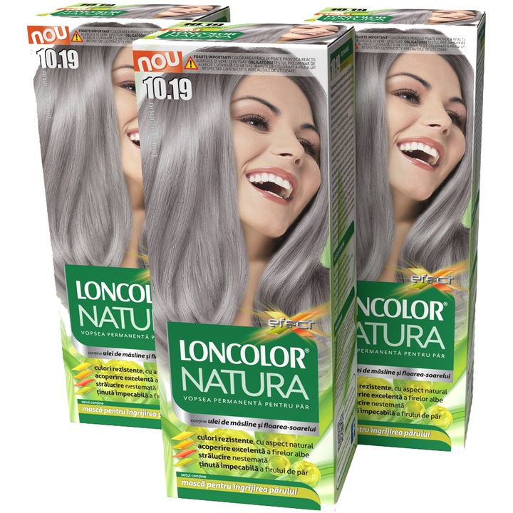 Pachet promo: Vopsea de par permanenta Loncolor Natura 10.19 Blond argintiu, 300 ml x 3 bucati