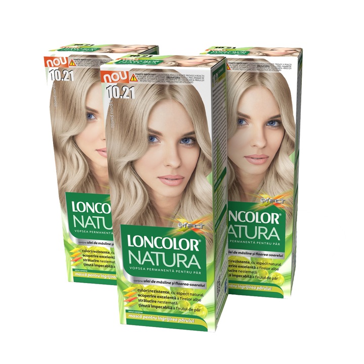 Pachet promo: 3 x Vopsea de par permanenta Loncolor Natura 10.21 - Blond nordic, 300 ml