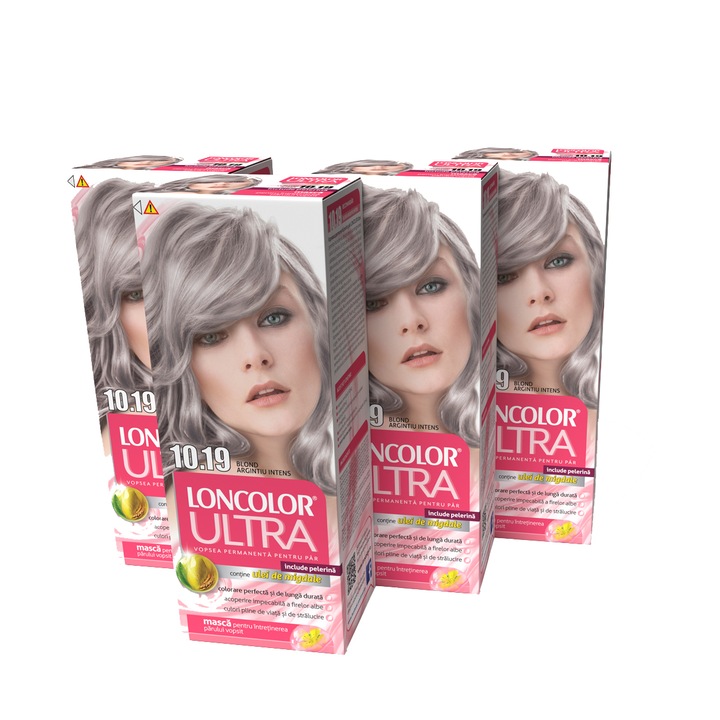 Pachet Vopsea de par permanenta Loncolor Ultra 10.19 Blond Argintiu Intens, 400 ml x 4 bucati
