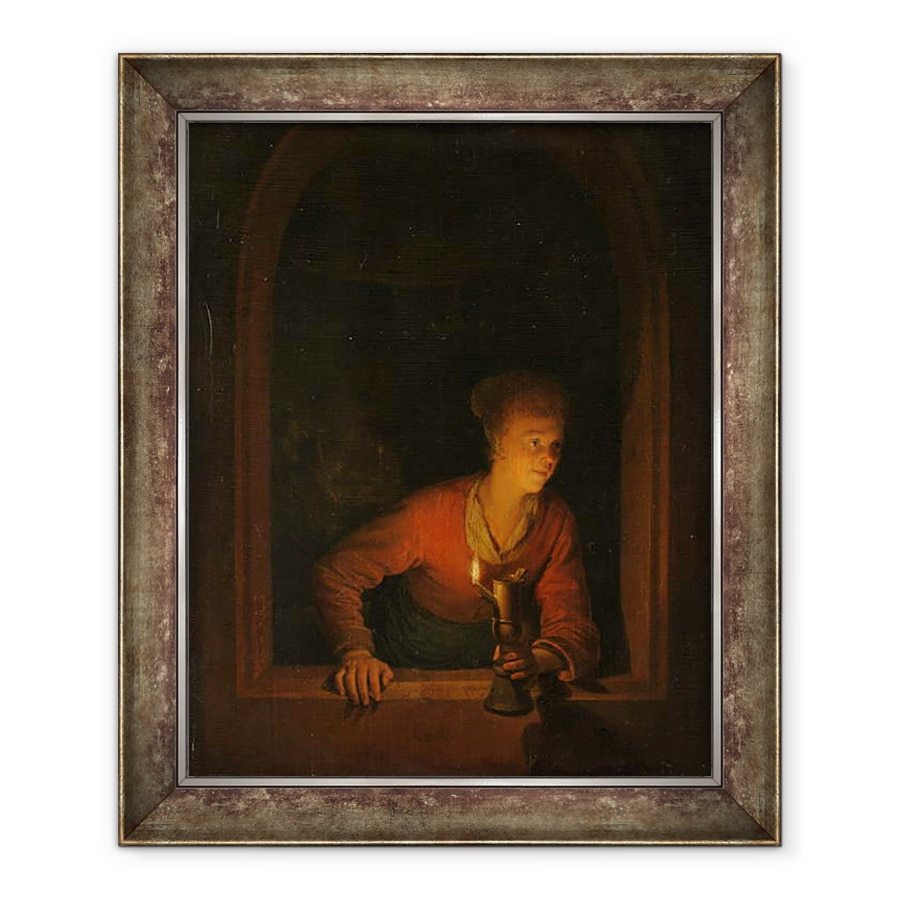 Tablou inramat - Gerard Dou - Fata cu o lampa de ulei la o fereastra, 90 x 110 cm
