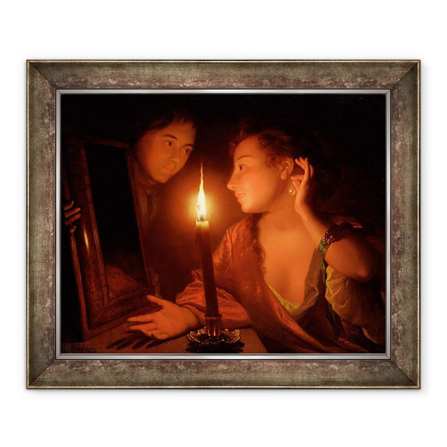 Tablou inramat - Godfried Schalcken - O doamna admirand un cercel la lumina lumanarilor, 90 x 110 cm