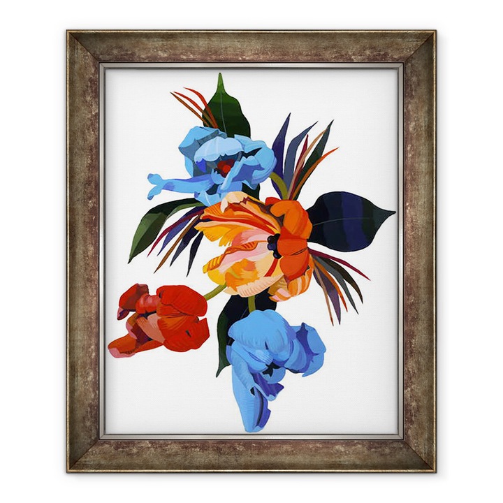 Tablou inramat - Hiroyuki Izutsu - Lalele rosii si portocalii si albastru deschis, 50 x 60 cm