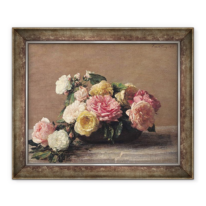 Ignace Henri Jean Fantin-Latour - Rózsák egy tálban, keretezett kép, 50 x 60 cm