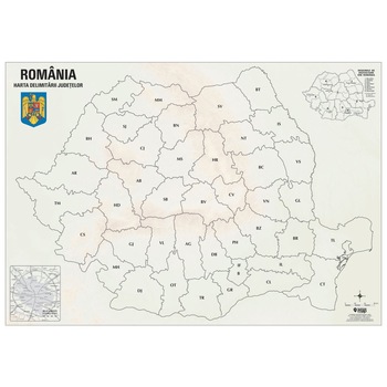 Harta de perete Romania cu delimitarea judetelor 140x100 cm Harta de perete Romania cu delimitarea judetelor 140x100 cm