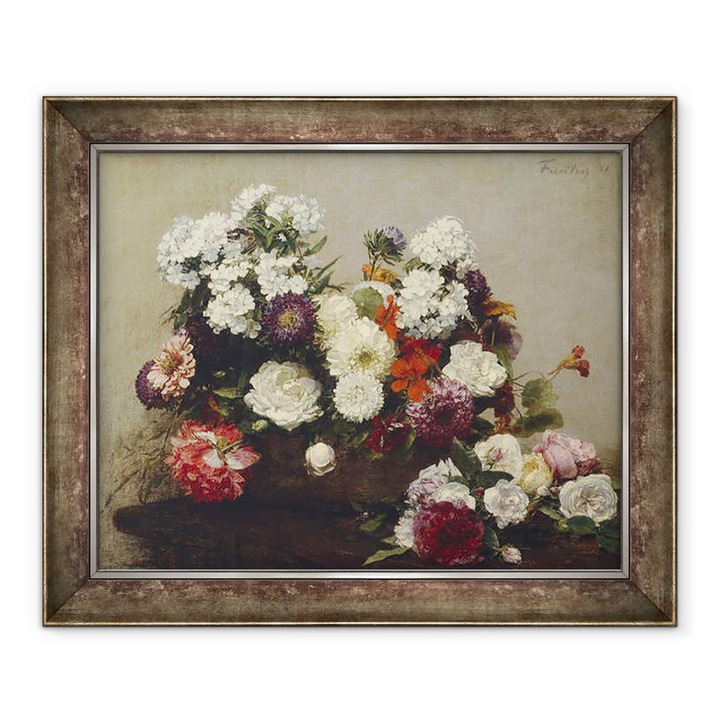 Ignace Henri Jean Fantin-Latour - Csendélet virágokkal, keretezett kép, 50 x 60 cm