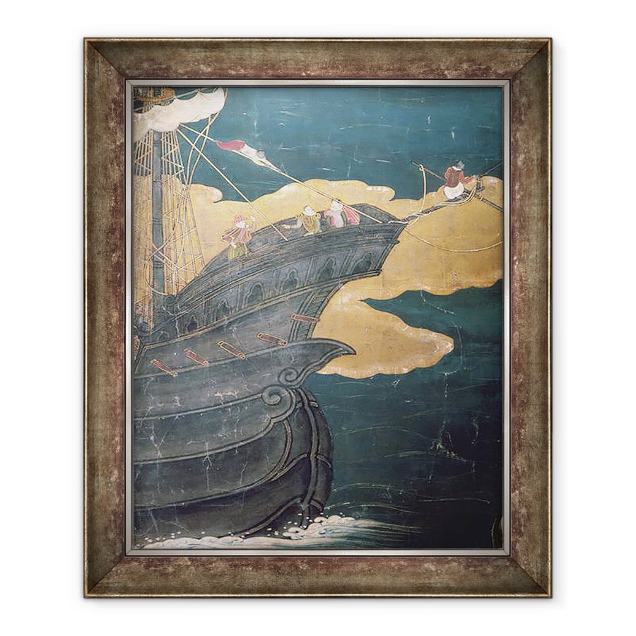 Tablou inramat - Scoala Japoneza - Sosirea portughezilor in Japonia, detaliu al prow navei, de pe un ecran Namban Byobu, 70 x 85 cm