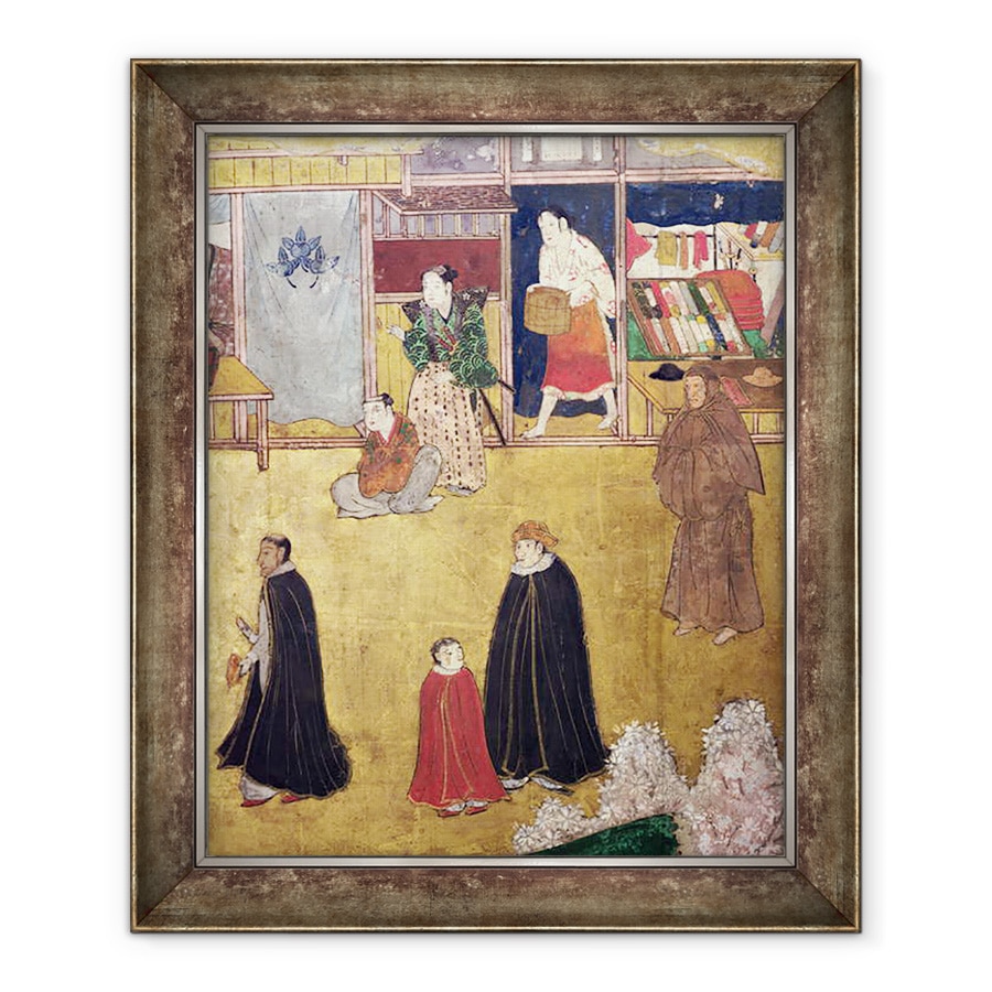 Tablou inramat - Scoala Japoneza - Sosirea portughezilor in Japonia, detalii de magazine de pe un ecran Namban Byobu, 70 x 85 cm