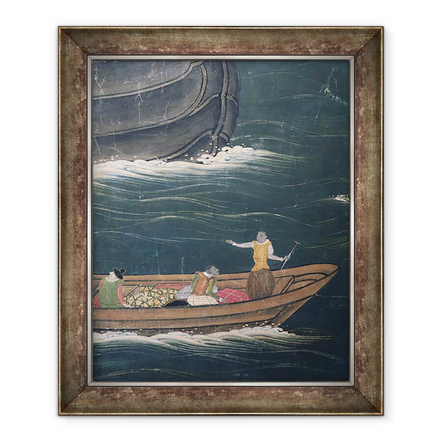 Tablou inramat - Scoala Japoneza - Sosirea portughezilor in Japonia, detaliu de nava mica cu incarcatura, de la un ecran Namban Byobu, 90 x 110 cm