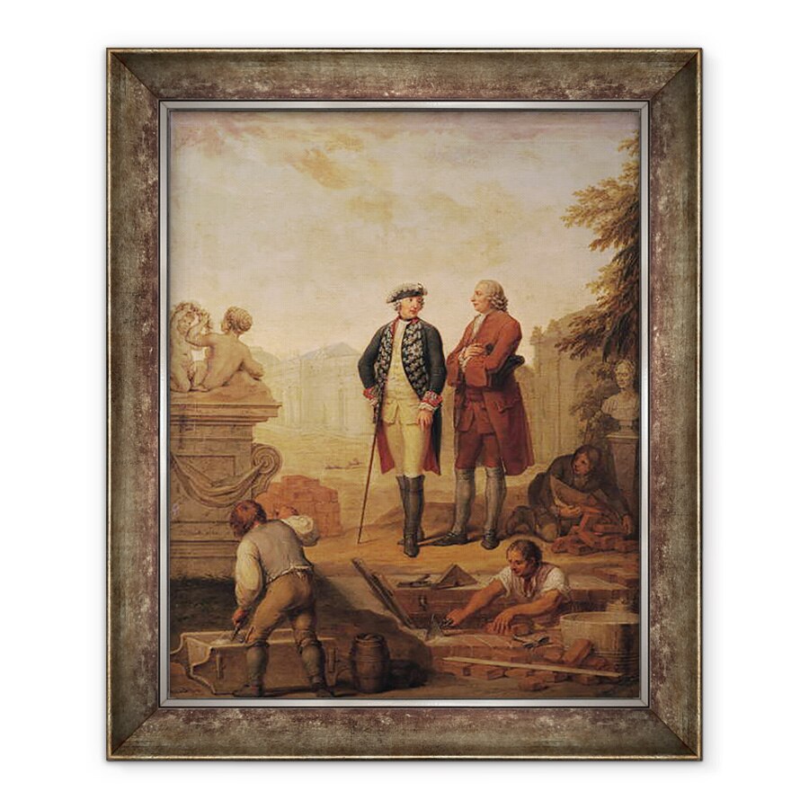 Tablou inramat - Johann Christoph Frisch - Regele Frederic al II-lea al Prusiei 1712-86 si marchizul de Argens 1704-1771 care inspecteaza constructia lui Sanssouci din Potsdam, 70 x 85 cm