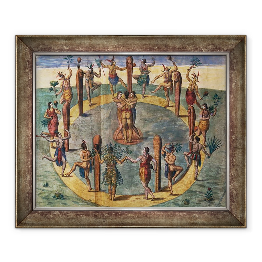 Tablou inramat - John White - Ritualul indian dans din satul Secoton, ilustratie de carte, 70 x 85 cm