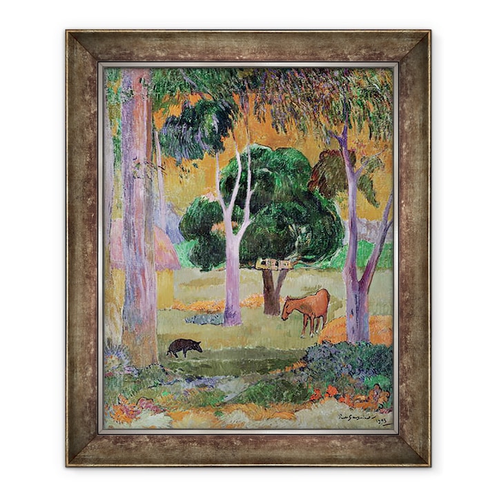 額装絵画 - ポール・ゴーギャン - ドミニカ共和国の風景または豚と馬のいる風景、50 x 60 cm