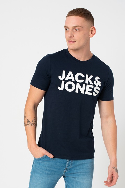 Jack & Jones, Тениска от органичен памук с лого от декоративни камъни, Тъмносин
