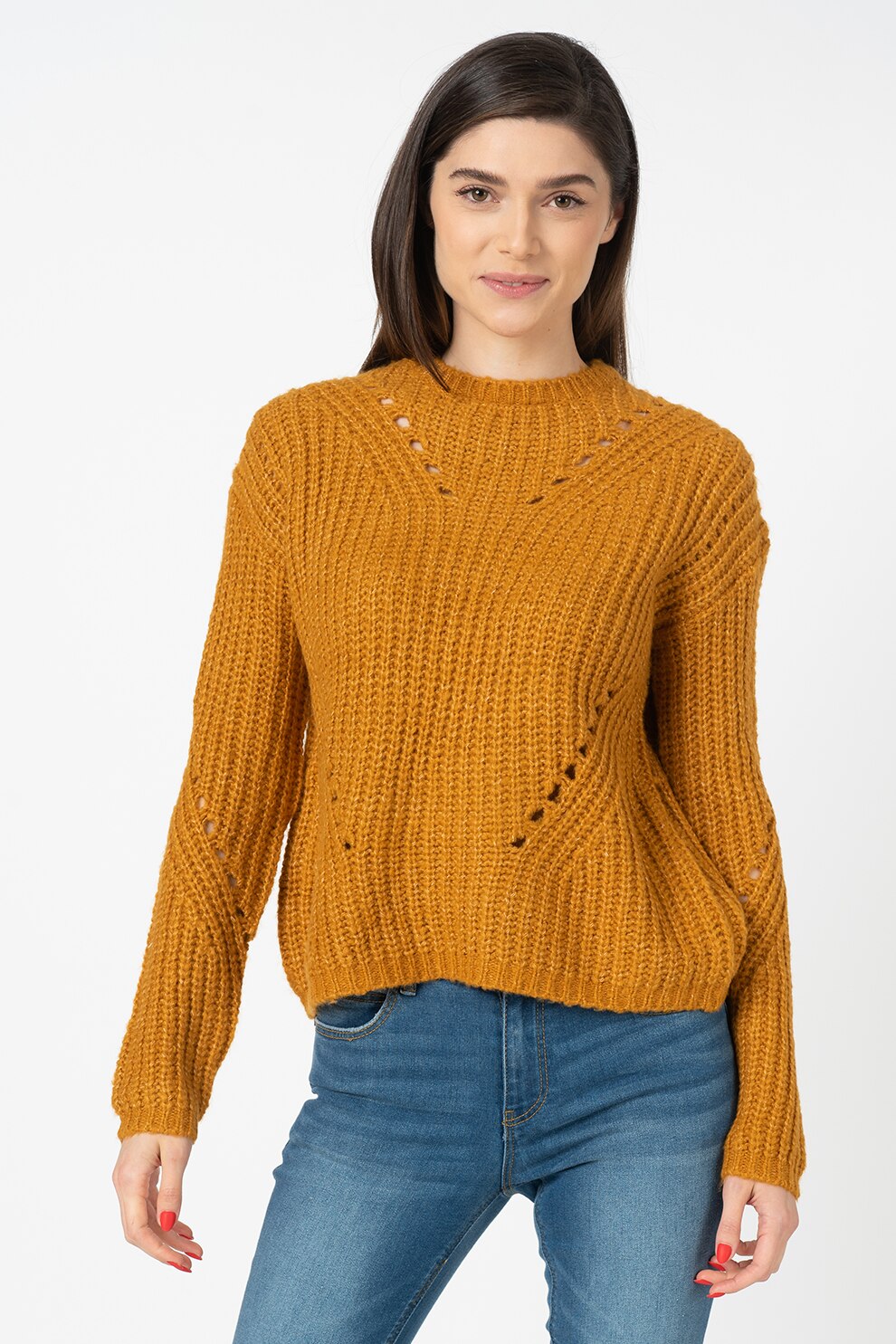 Vero Moda, Pulover cu decolteu la baza gatului Paca, Maro caramel, M