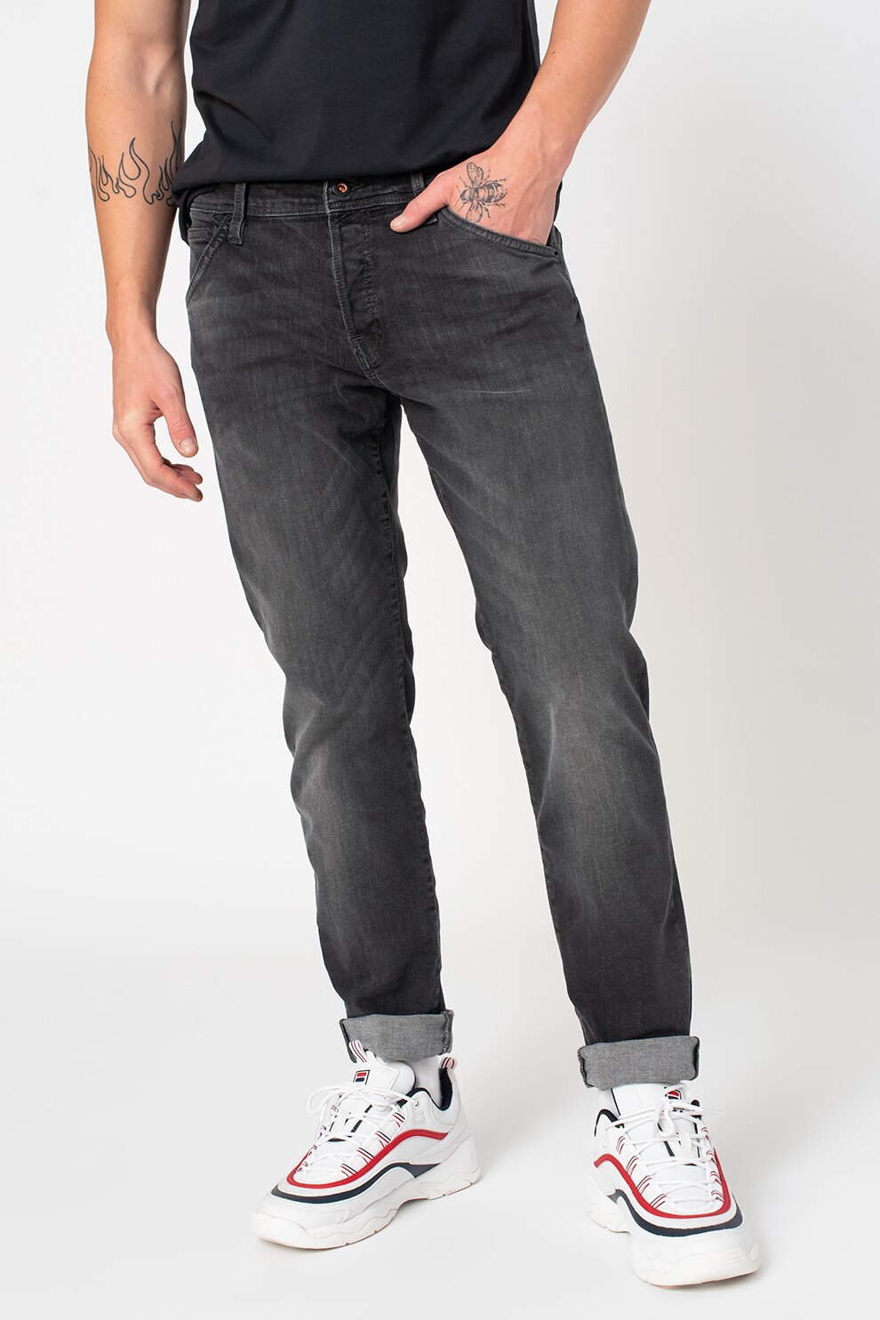 Jack&Jones, Blugi slim fit cu aspect decolorat Glenn, Gri inchis