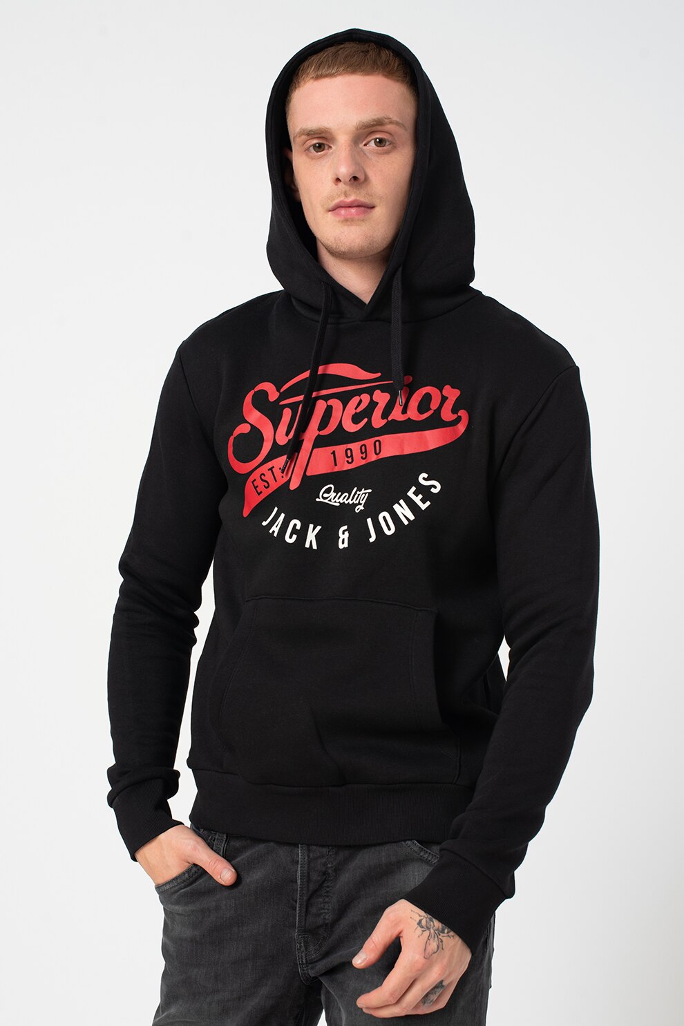 Jack&Jones, Hanorac cu imprimeu, snur si buzunar kangaroo, Negru