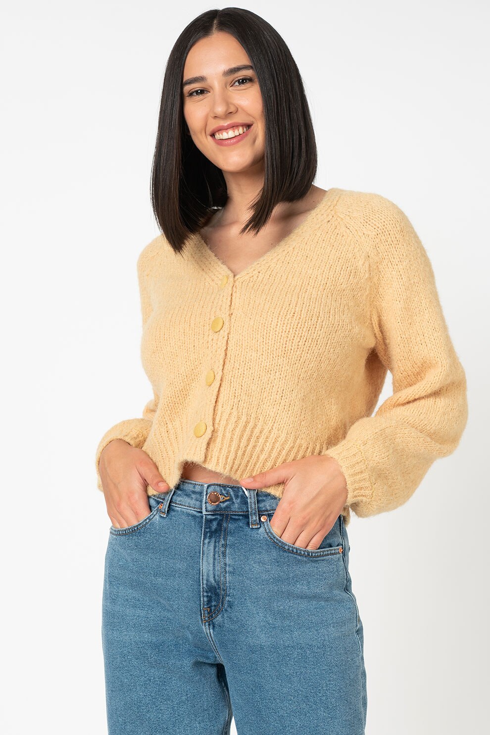 Only, Cardigan crop cu decolteu in V Alyssa, Galben pai