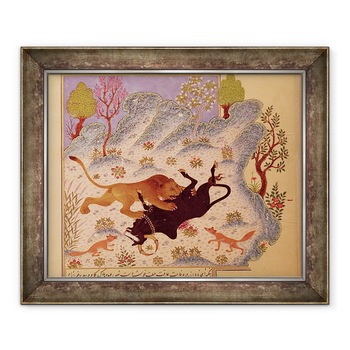 Tablou inramat - Scoala Persana - Un leu ataca si uciderea unui taur, 90 x 110 cm Tablou inramat - Scoala Persana - Un leu ataca si uciderea unui taur, 90 x 110 cm