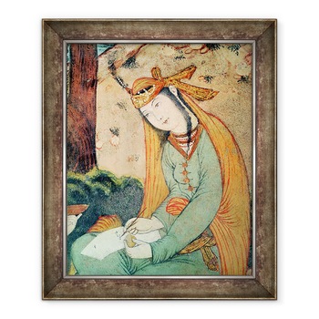 Tablou inramat - Scoala Persana - Femeie Scrierea la Curtea de Shah Abbas I 1571-1629 1585-1627, 50 x 60 cm Tablou inramat - Scoala Persana - Femeie Scrierea la Curtea de Shah Abbas I 1571-1629 1585-1627, 50 x 60 cm