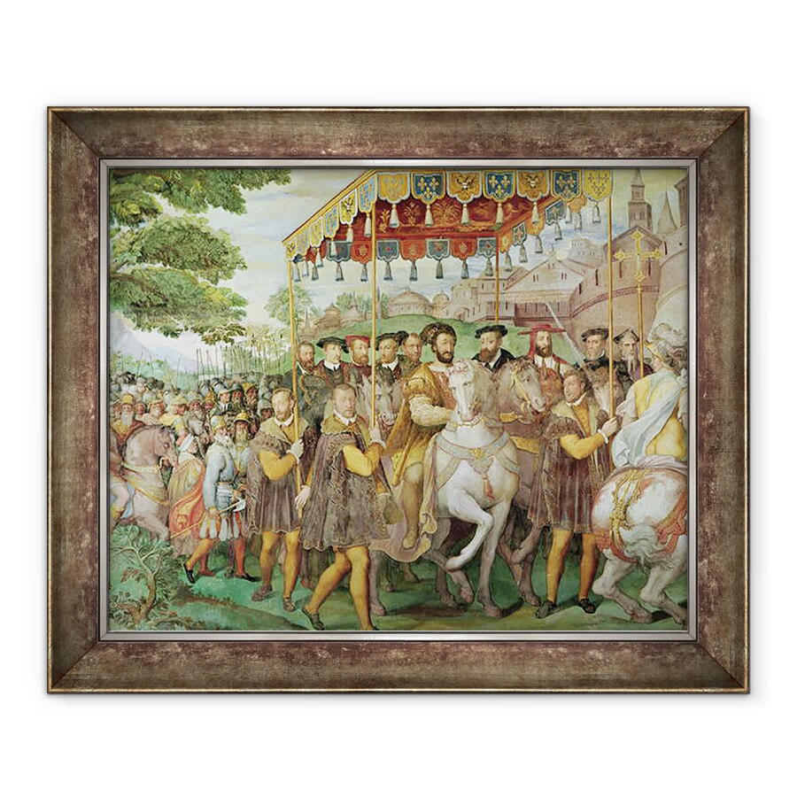 Tablou inramat - Taddeo Zuccaro - Intrarea solemna a imparatului Carol al V-lea 1500-58, Francisc I 1494-1547 si Alessandro Farnese 1546-92 la Paris in 1540, de la Sala dei Fasti Farnese, 70 x 85 cm