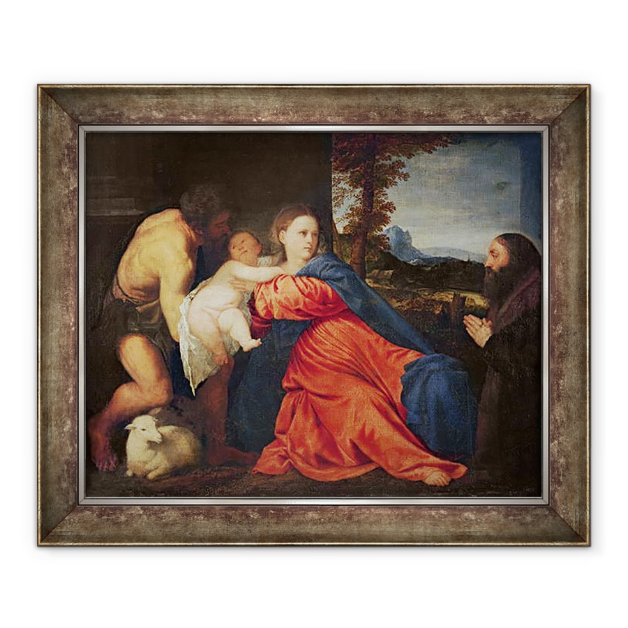Tablou inramat - Titian - Fecioara si Pruncul cu Sfantul Ioan Botezatorul si Donatorul, 70 x 85 cm