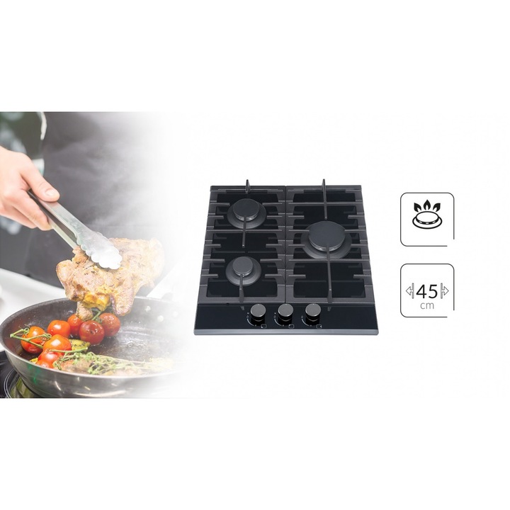 Plita incorporabila MPM 45 GMH 16, Gaz, 3 zone de gatit, 45 cm, Negru
