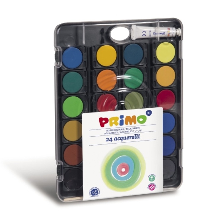 PRIMO Imaginarium Watercolour 24 Colours akvarell készlet, 24 szín / készlet, 28 mm ecsettel, 1 fehér tempera tubussal
