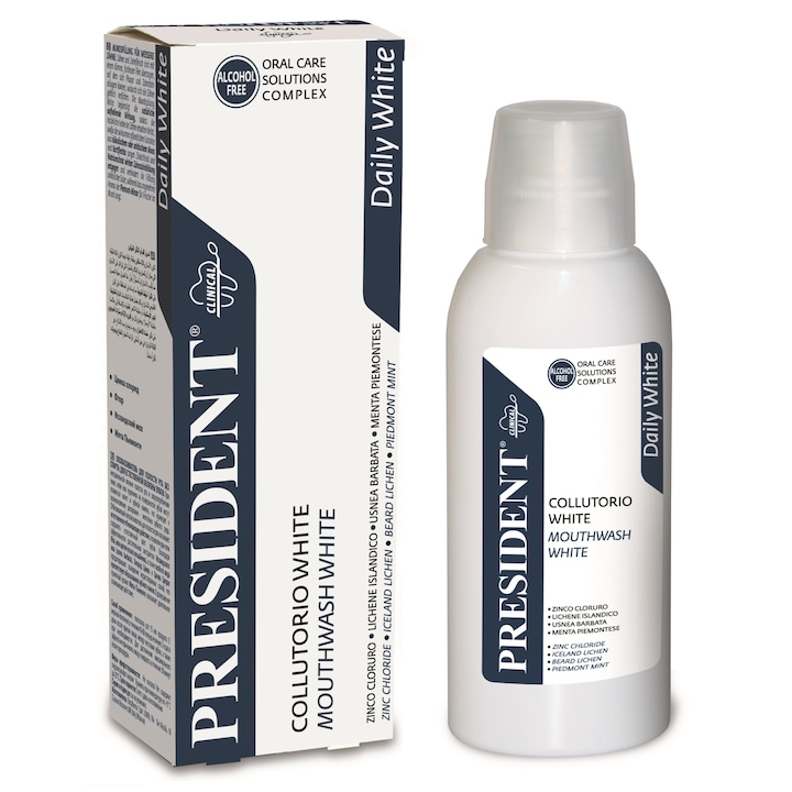 Apa de gura cu efect albire naturala PresiDent White fara Alcool, SLS/SLES, 200ml