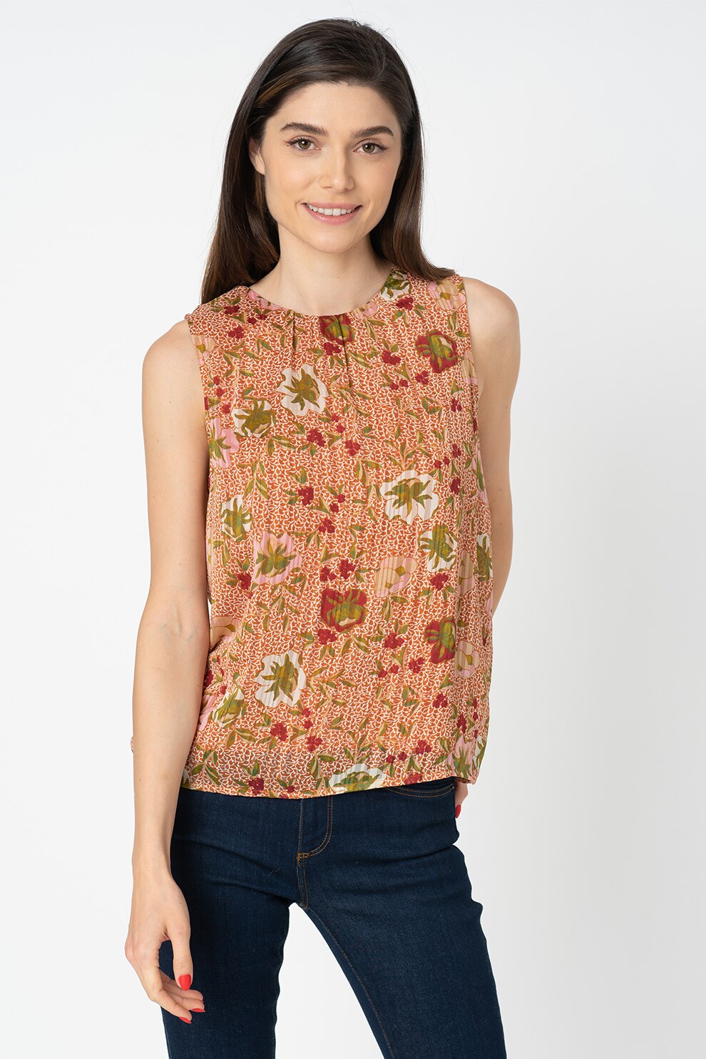 Vero Moda, Bluza cu pliuri si model floral Cille, Oranj/Verde/Roz