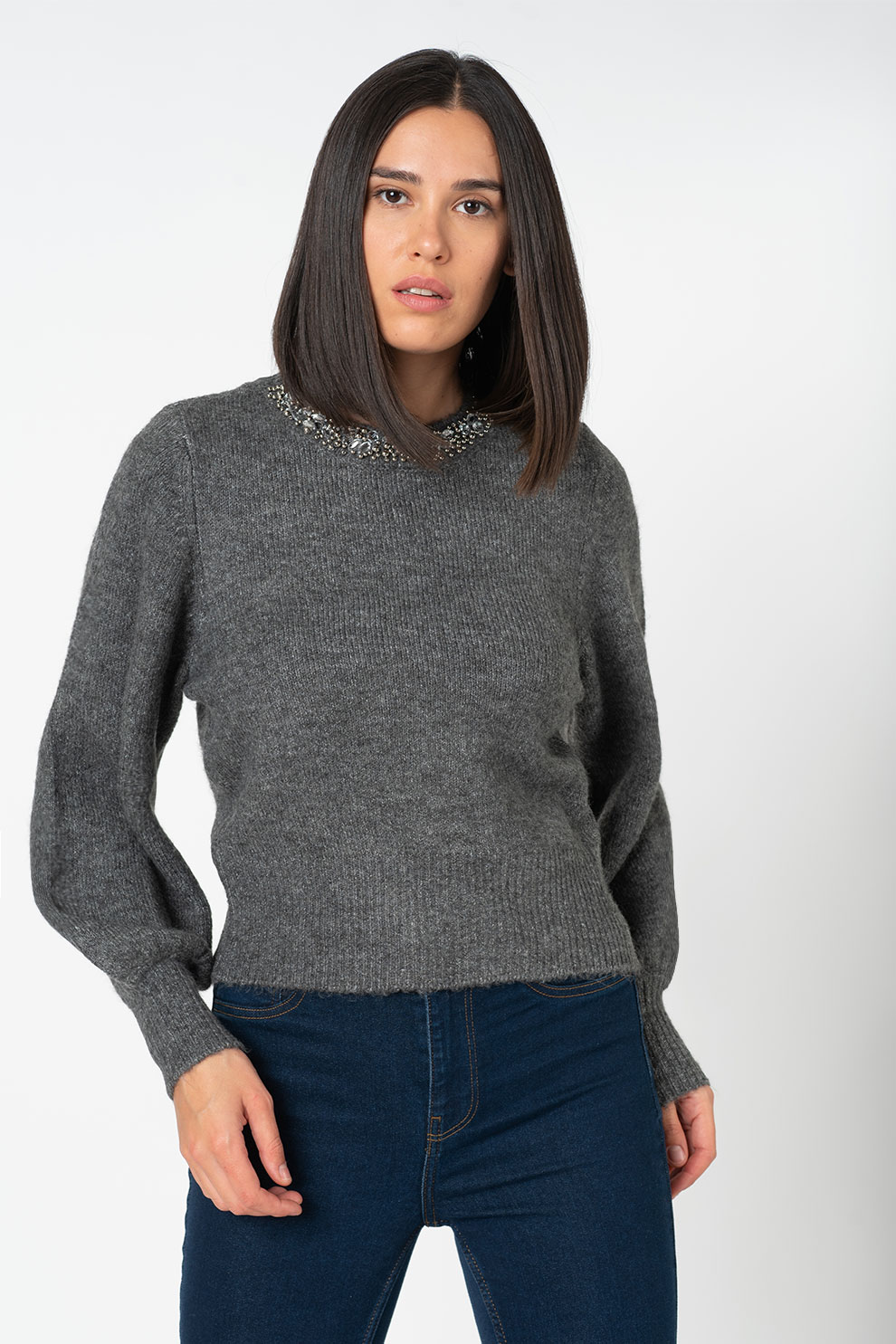 Only, Pulover cu decolteu la baza gatului si maneci bishop Elsa, Gri inchis