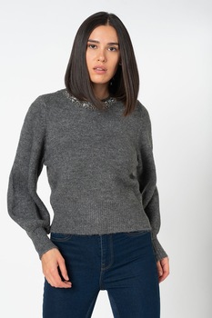 Only, Pulover cu decolteu la baza gatului si maneci bishop Elsa, Gri inchis Only, Pulover cu decolteu la baza gatului si maneci bishop Elsa, Gri inchis