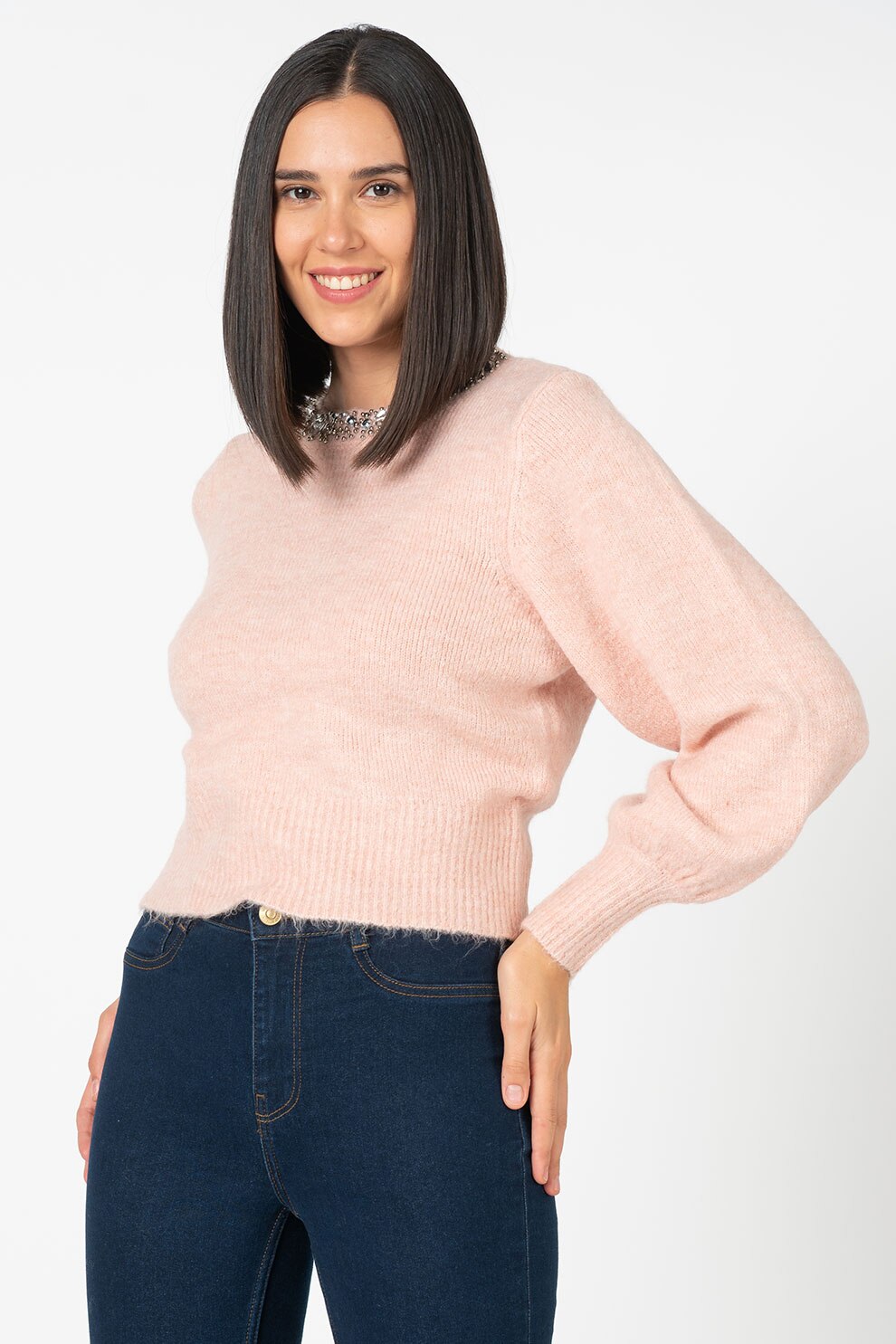 Only, Pulover cu decolteu la baza gatului si maneci bishop Elsa, Roz pastel