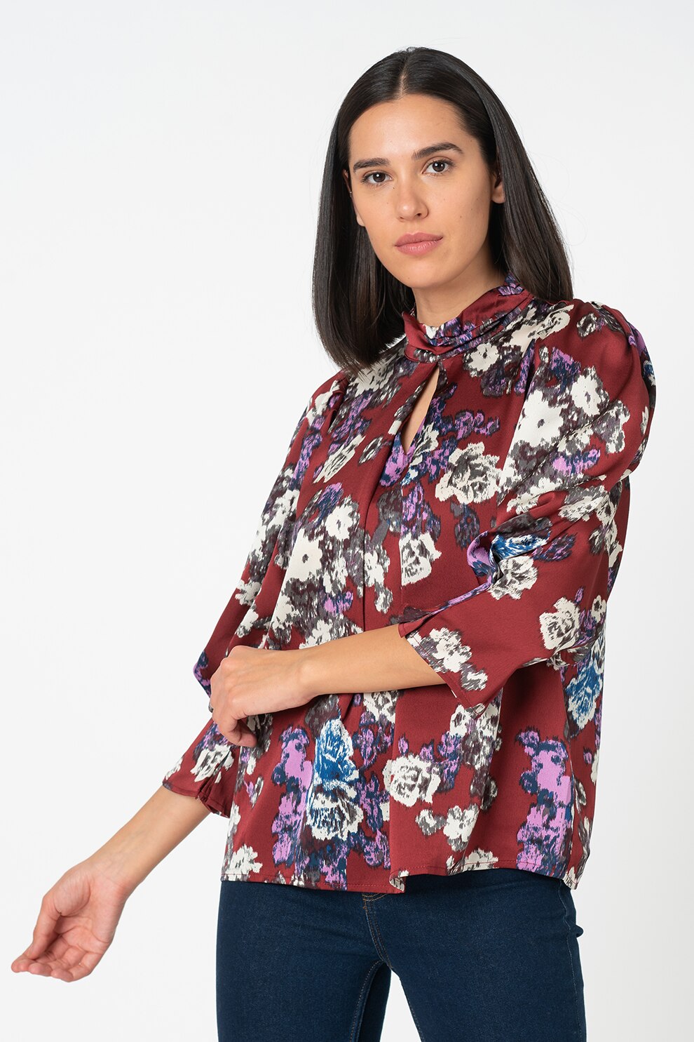 Vero Moda, Bluza cu model floral Bella, Rosu Bordeaux/Alb/Lila