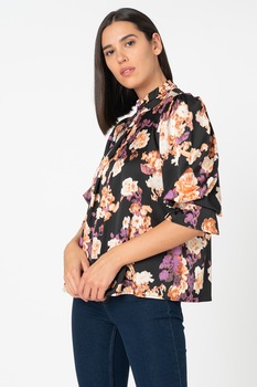 Vero Moda, Bluza cu model floral Bella, Negru/Lila/Oranj