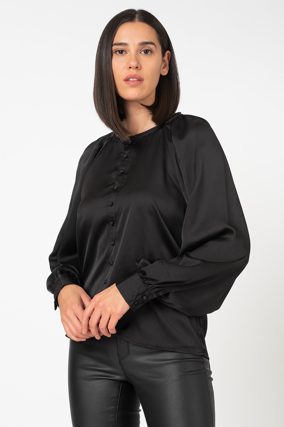 Vero Moda, Bluza din satin cu nasturi decorativi Billi, Negru, S
