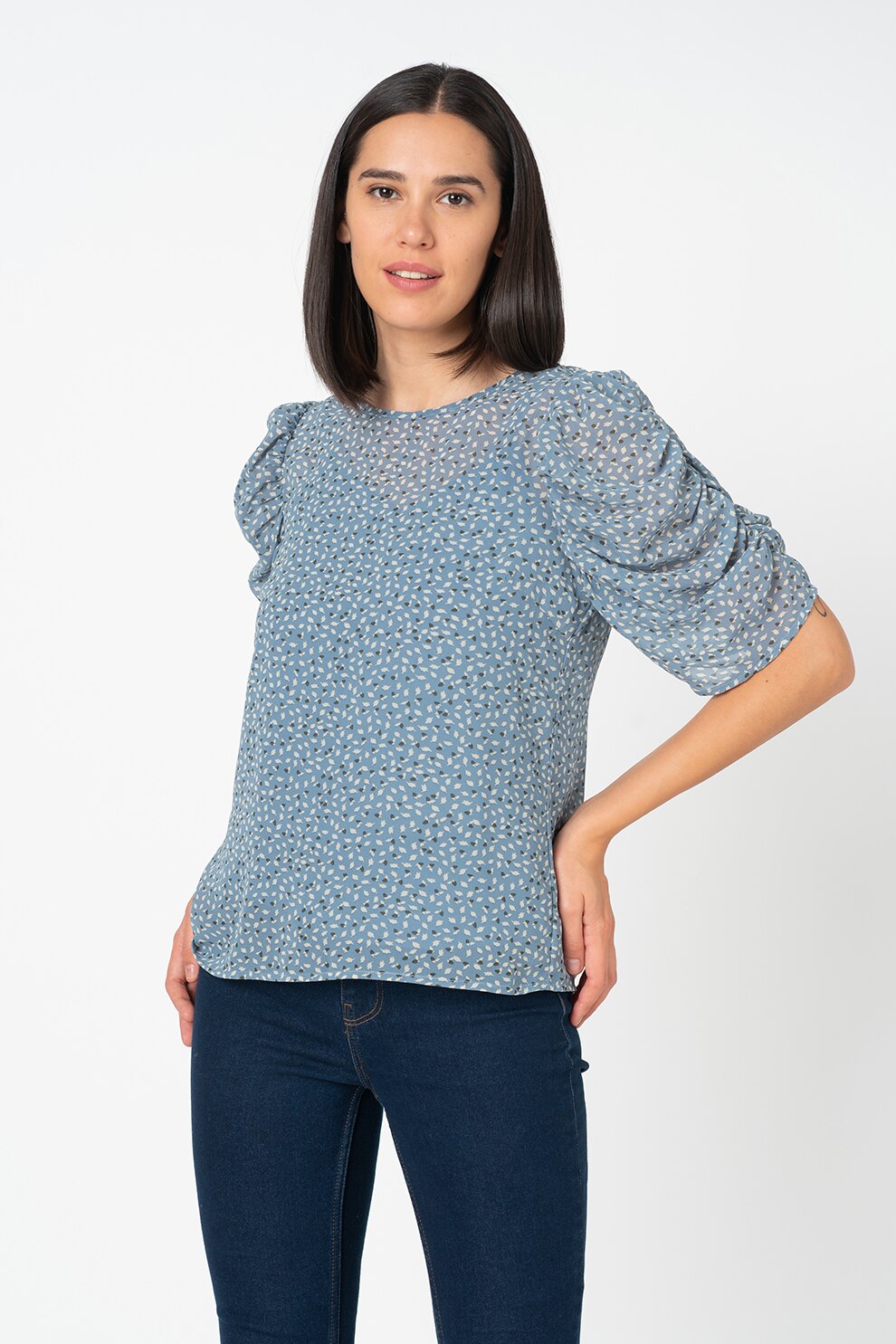 Only, Bluza cu imprimeu si maneci bufante Zoe, Albastru lavanda/Alb