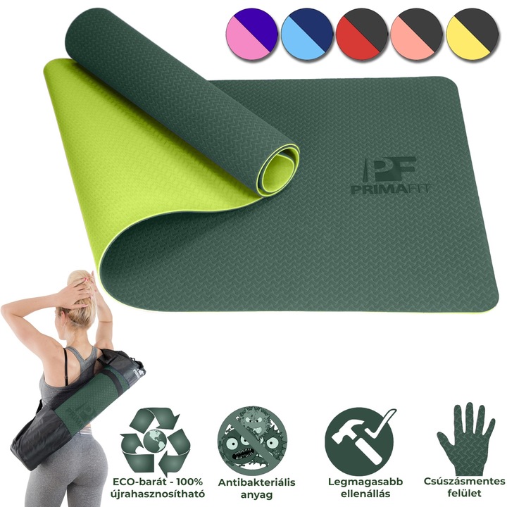 Постелка за Упражнения и Йога Prima Fit, Фитнес, Тренировка, 183см x 61см, 0.6см, Неплъзгаща, Чанта за пренасяне, Пилатес, Екологична, Антибактериална, Хипоалергенна, Висока плътност, Зелен