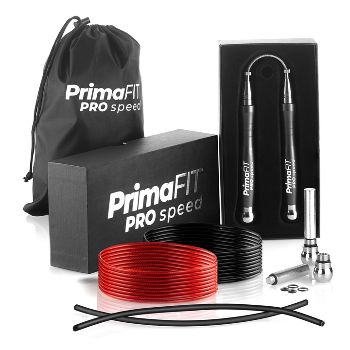 Въже за Скачане PrimaFIT Pro Speed, Професионално, 3м Регулируемо, Бързо с 2 Лагера, Допълнително Въже и Тежести, 2 Протектора, Алуминиеви Дръжки, Чантичка за Носене, Кросфит, Бокс, ММА, Черен