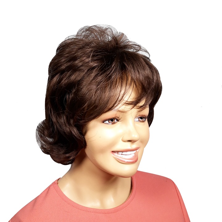 Peruca dama, fibra sintetica, cu aspect natural, saten ciocolatiu, ondulata