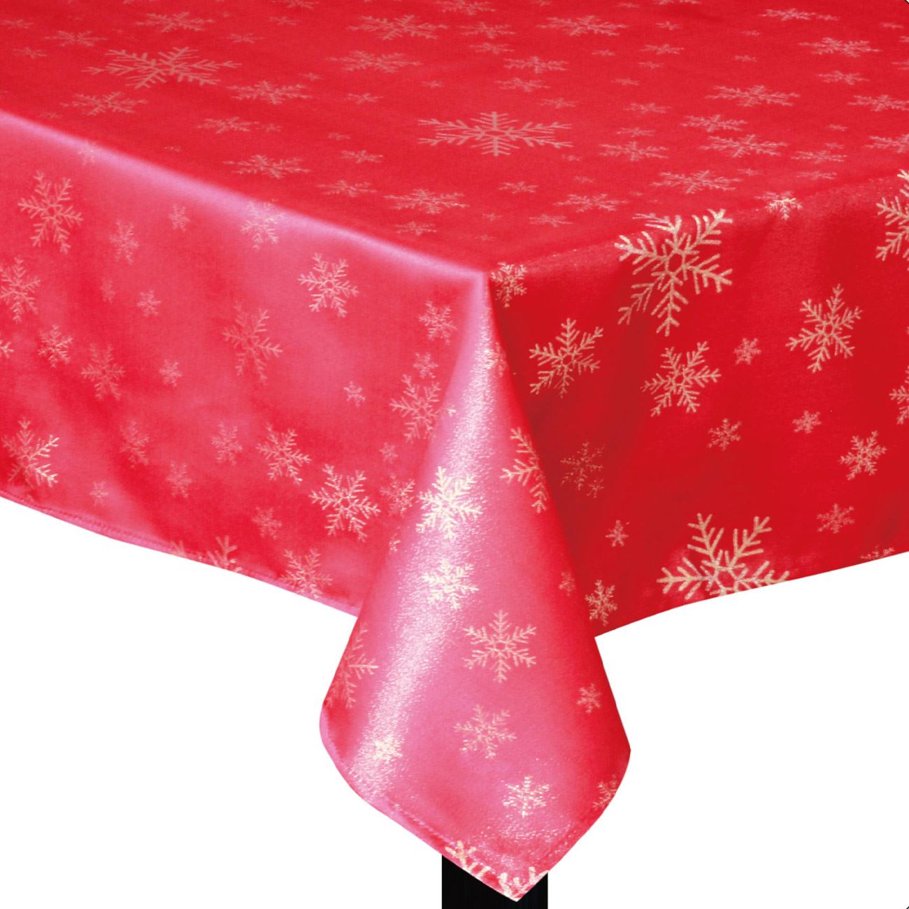 Fata de Masa de Craciun, New Line, Model cu Fulgi, 220x140 cm, Rosu/Alb