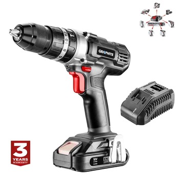 Masina gaurit (bormasina) cu acumulator 18 V 2 Ah, Li-ion, cu percutie, incarcator, GRAPHITE ENERGY Masina gaurit (bormasina) cu acumulator 18 V 2 Ah, Li-ion, cu percutie, incarcator, GRAPHITE ENERGY