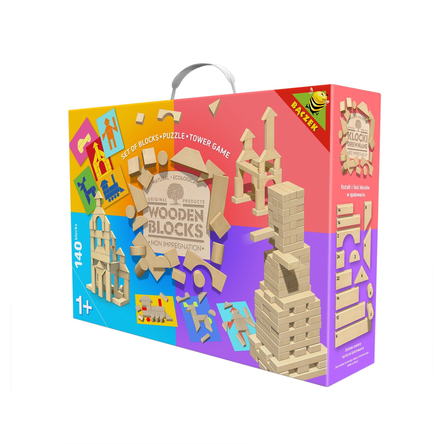 Set cuburi de constructie, 140 piese din lemn natur, ecologice