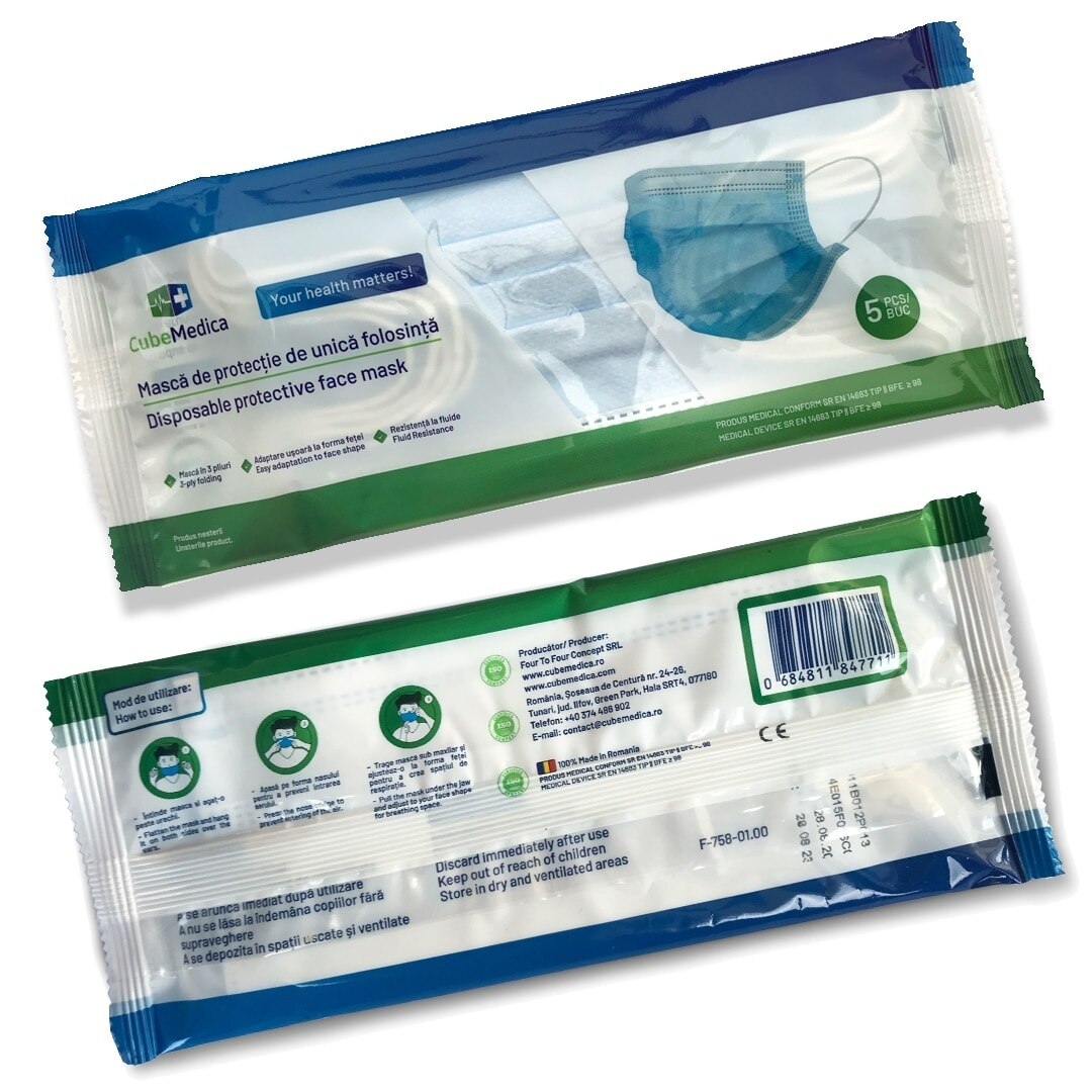 Set 5 bucati Masca dispozitiv medical, 3 straturi, 3 pliuri, Tip IIR BFE filtrare bacteriana >98%, polipropilena, albastru, unica folosinta.