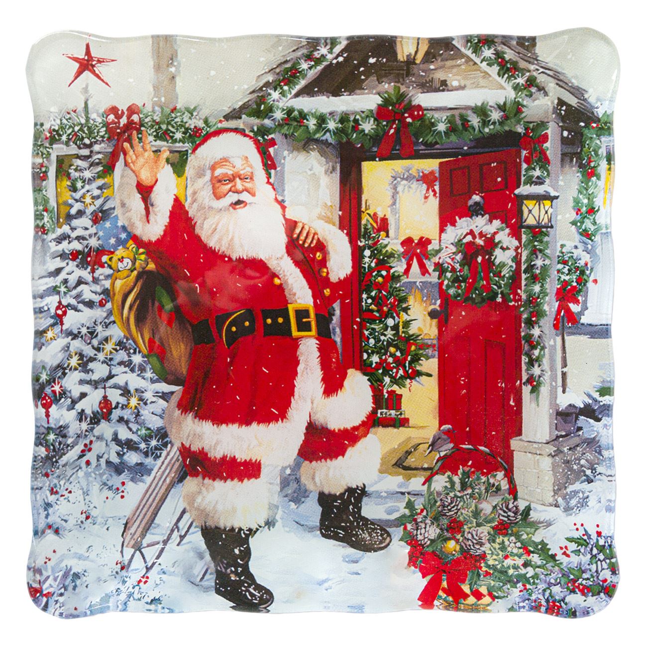 Farfurie patrata sticla cu imprimeu Mos Craciun, Maison du Paradis, 17 x 17 cm