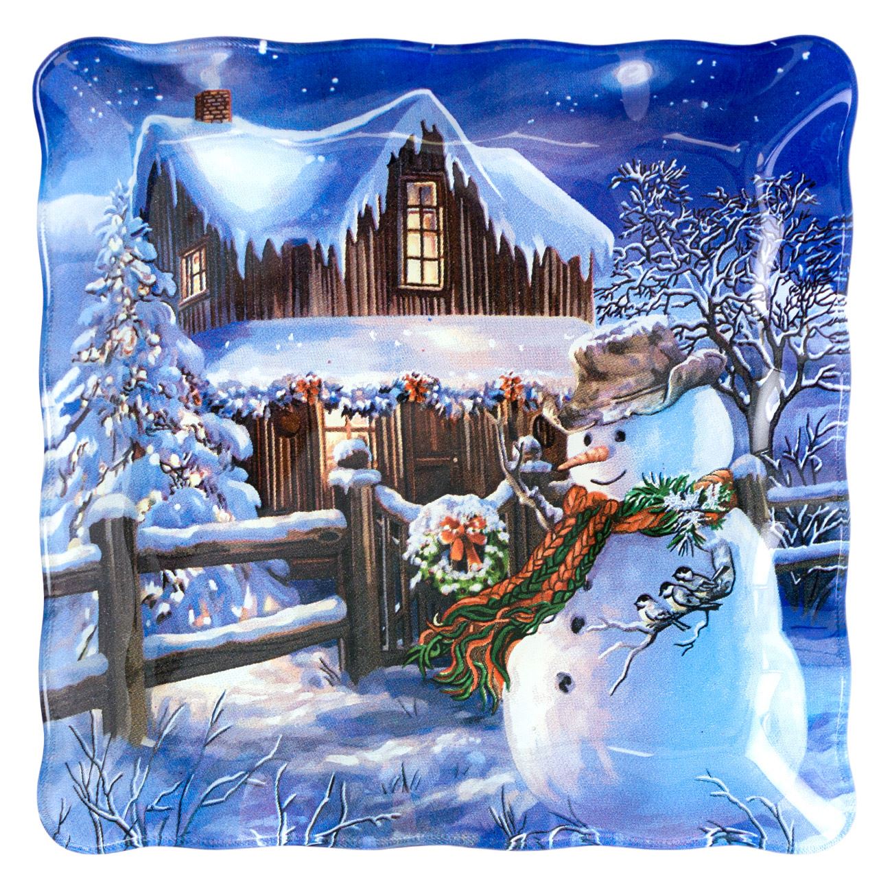 Farfurie sticla patrata cu imprimeu om de zapada si casa de Craciun, Maison du Paradis, 17 x 17 cm