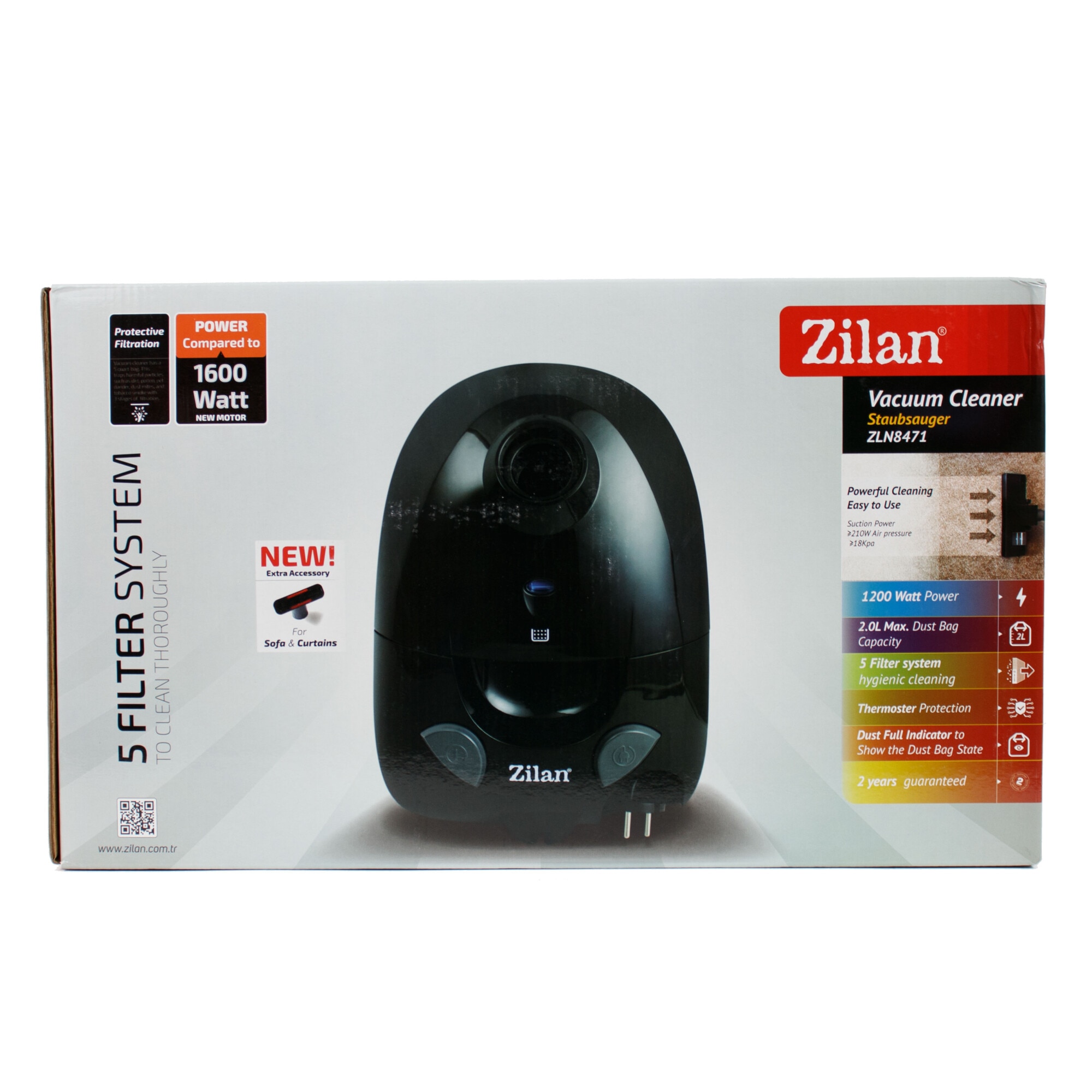 Aspirator cu sac ZILAN ZLN-8471, Negru Capacitate sac textil 2.0 l, Putere 1200W, Cordon electric retractabil 5 m