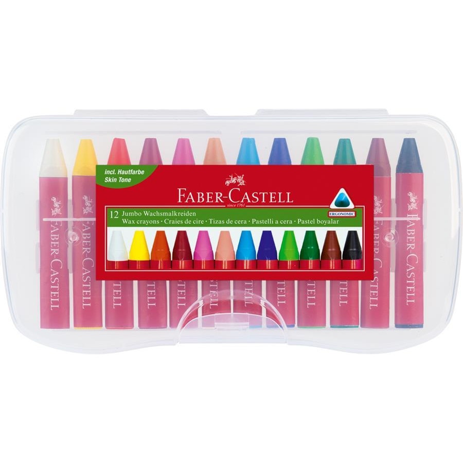 Creioane Cerate Jumbo Cutie Plastic Faber-Castell, 12 Culori