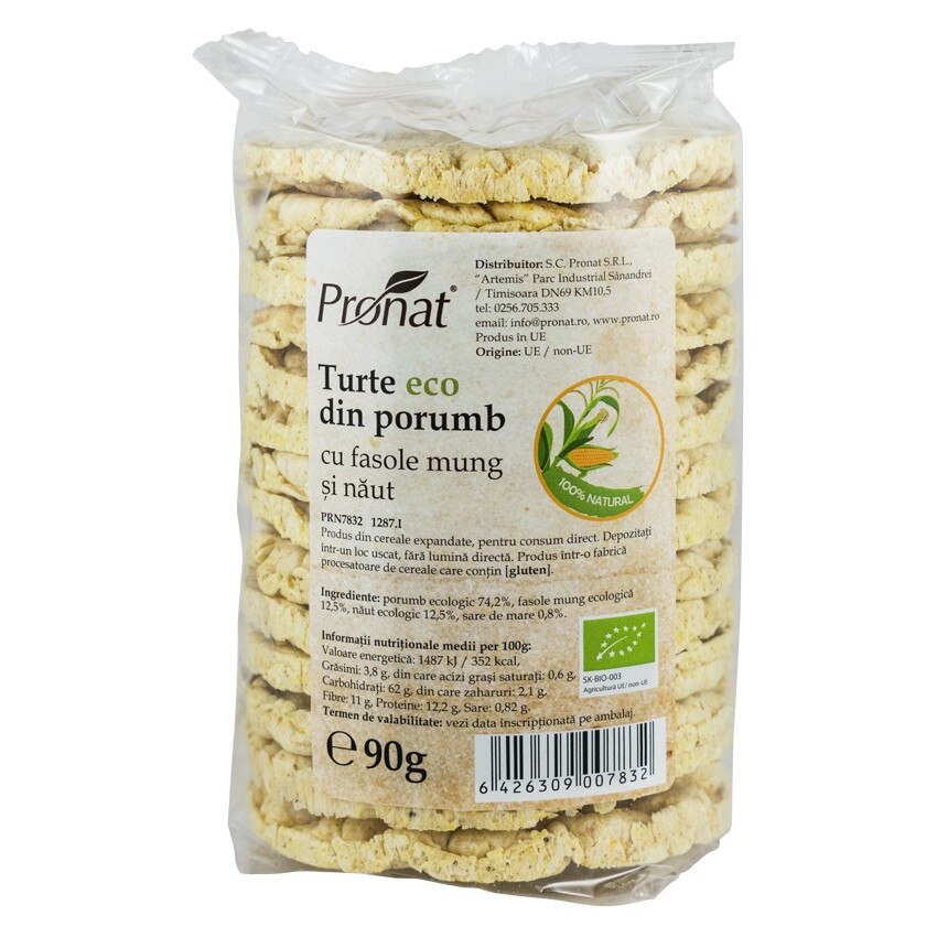 Turte din porumb cu fasole mung si naut, bio, Pronat, 90g