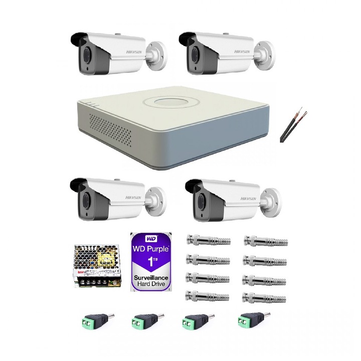 Kit HikVision 4 camere 2 MP cu IR 40 m si accesorii de montaj