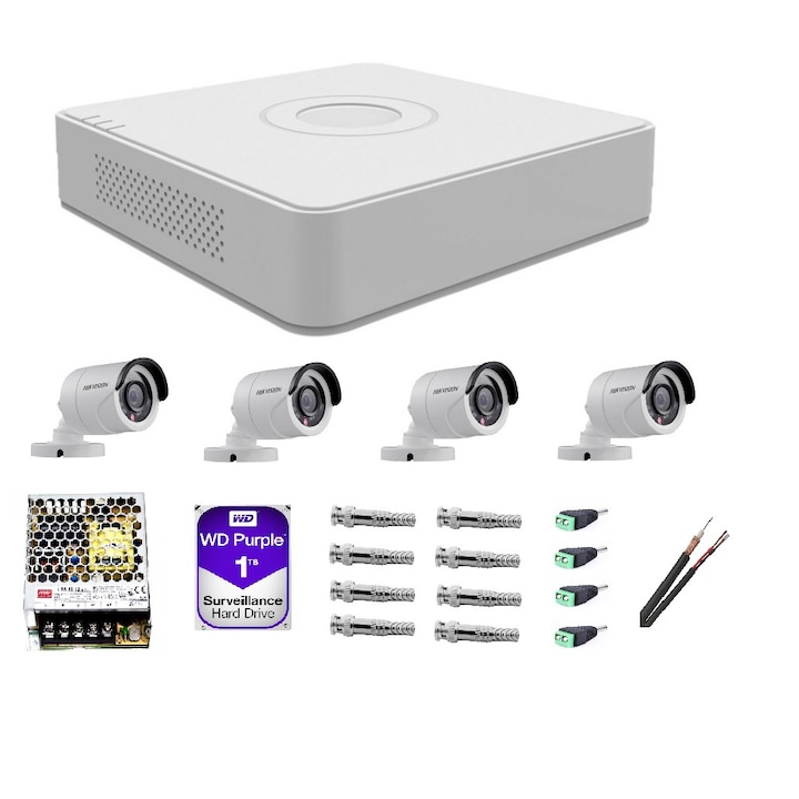 Kit supraveghere video Hikvision 5MP, cu 3 camere 5MP de exterior/interior si HDD 1 TB MK329
